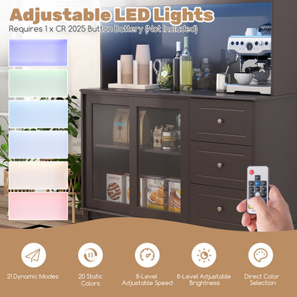 Kitchen Pantry Cabinet with LED Lights and Power Outlets, Freestanding Storage Hutch in Dark Brown