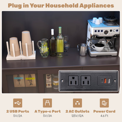 Kitchen Pantry Cabinet with LED Lights and Power Outlets, Freestanding Storage Hutch in Dark Brown