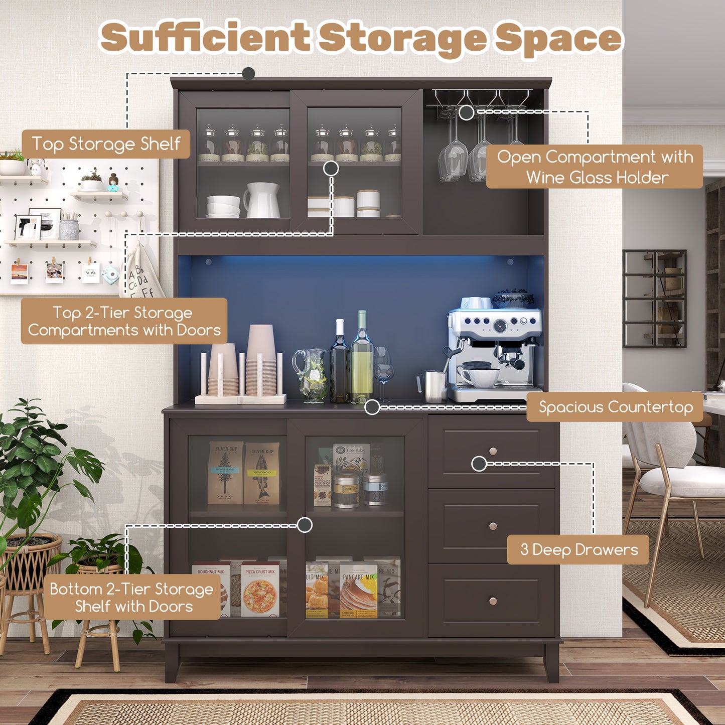 Kitchen Pantry Cabinet with LED Lights and Power Outlets, Freestanding Storage Hutch in Dark Brown