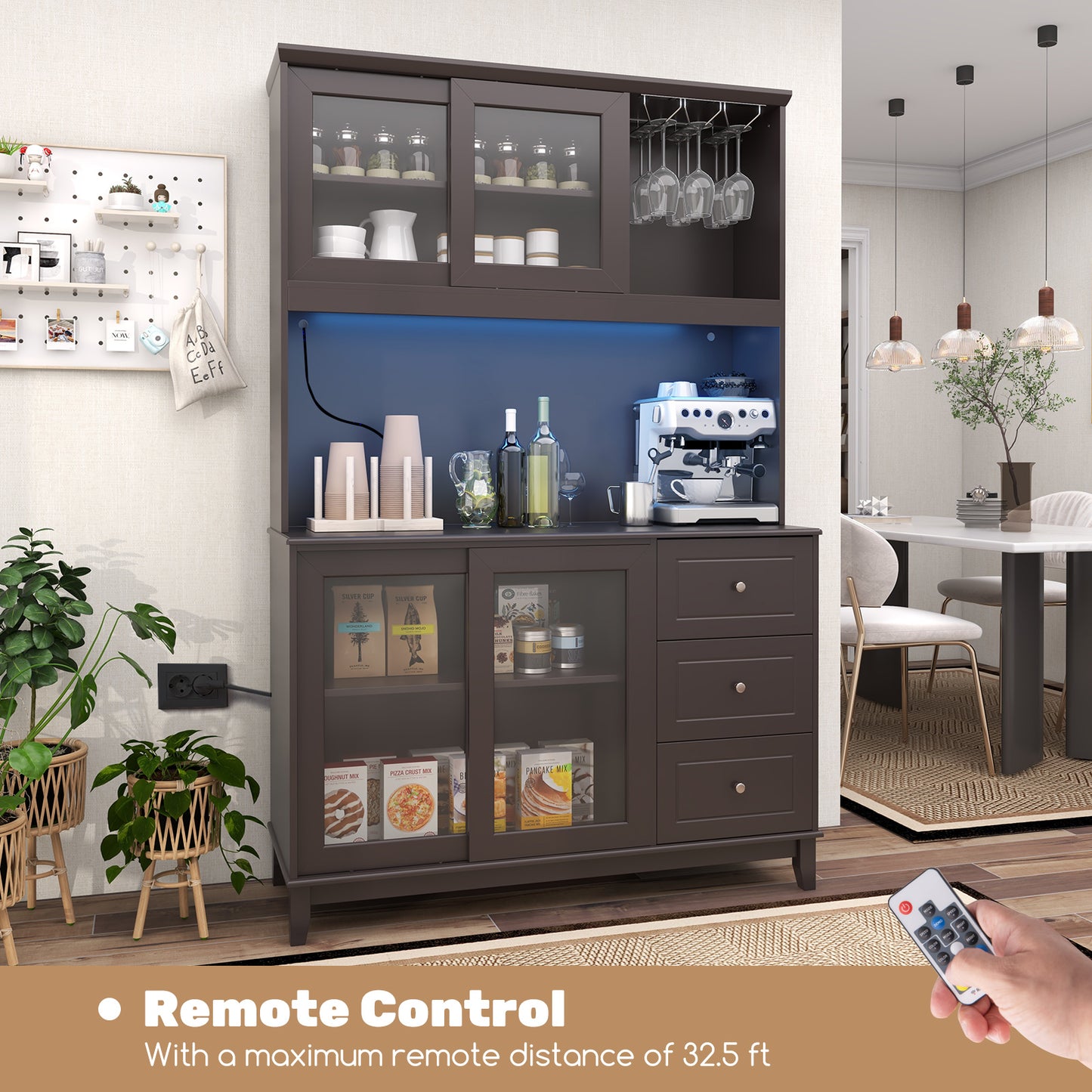 Kitchen Pantry Cabinet with LED Lights and Power Outlets, Freestanding Storage Hutch in Dark Brown