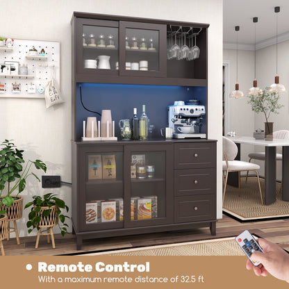 Kitchen Pantry Cabinet with LED Lights and Power Outlets, Freestanding Storage Hutch in Dark Brown