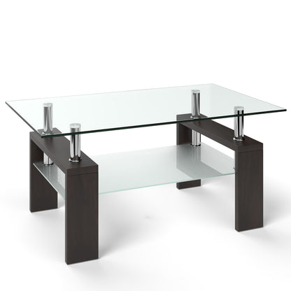 Tempered Glass Coffee Table with Two Tier Design and Wood Accents - Brown