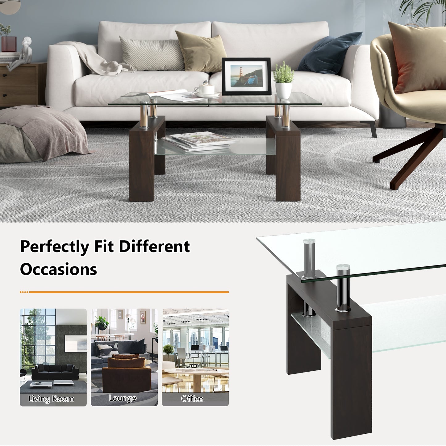 Tempered Glass Coffee Table with Two Tier Design and Wood Accents - Brown