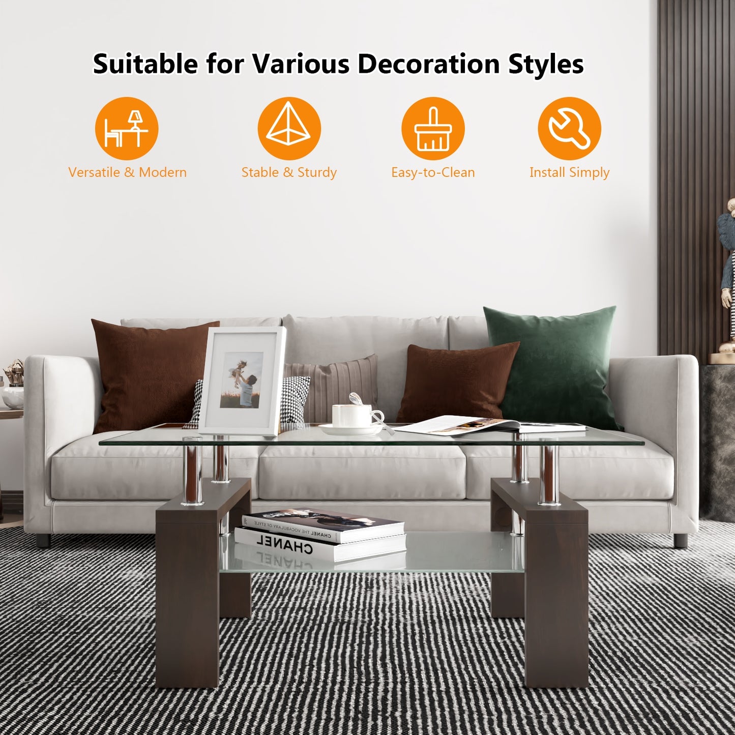 Tempered Glass Coffee Table with Two Tier Design and Wood Accents - Brown