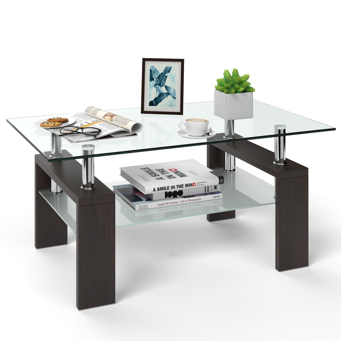 Tempered Glass Coffee Table with Two Tier Design and Wood Accents - Brown
