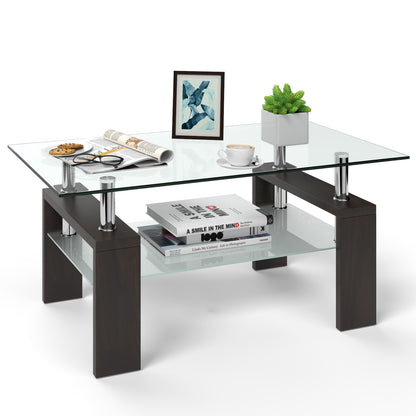 Tempered Glass Coffee Table with Two Tier Design and Wood Accents - Brown