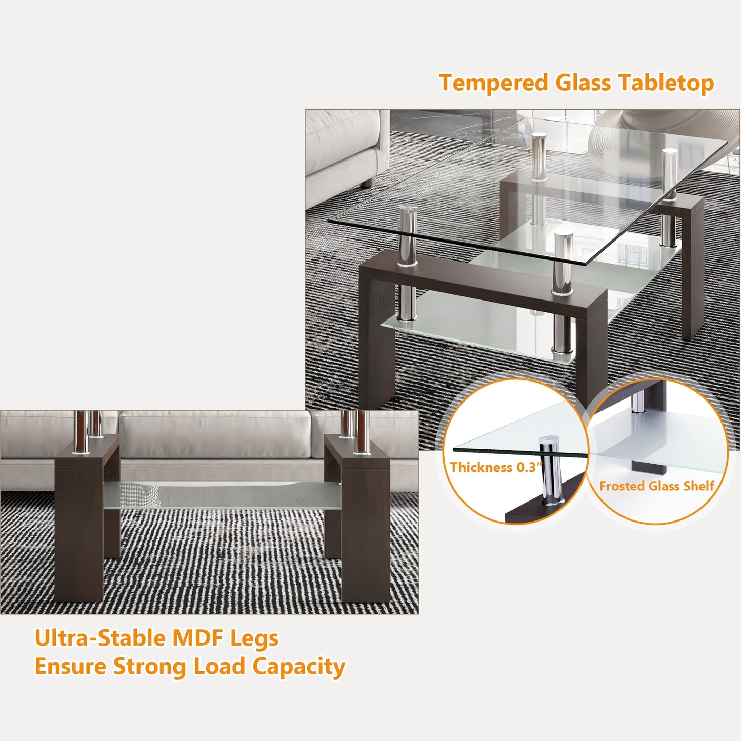 Tempered Glass Coffee Table with Two Tier Design and Wood Accents - Brown