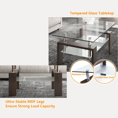 Tempered Glass Coffee Table with Two Tier Design and Wood Accents - Brown