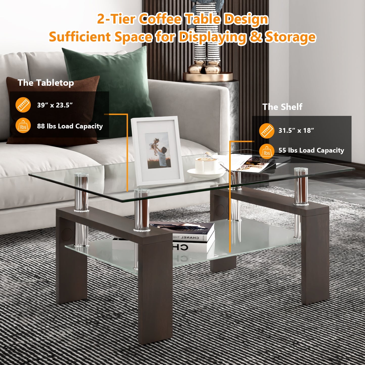 Tempered Glass Coffee Table with Two Tier Design and Wood Accents - Brown