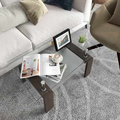Tempered Glass Coffee Table with Two Tier Design and Wood Accents - Brown