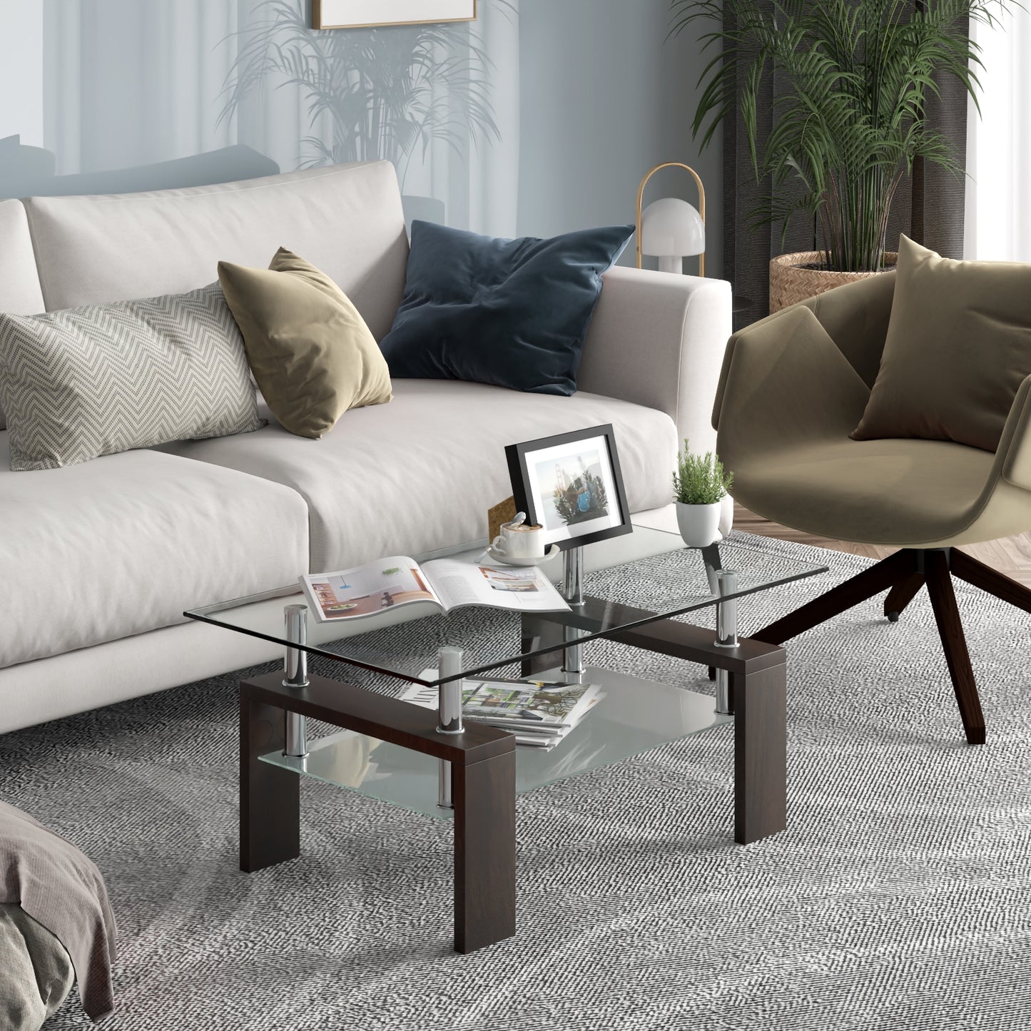 Tempered Glass Coffee Table with Two Tier Design and Wood Accents - Brown