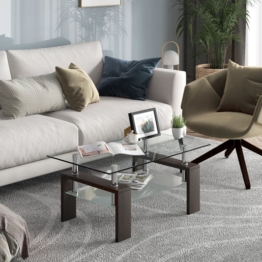 Tempered Glass Coffee Table with Two Tier Design and Wood Accents - Brown