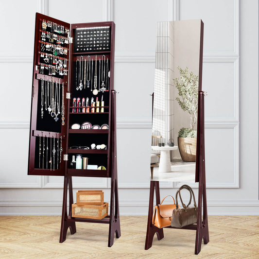 Standing Mirror Jewelry Armoire with Organizer Shelves and Brown Finish