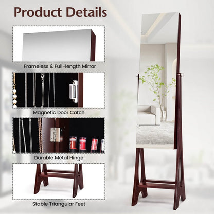 Standing Mirror Jewelry Armoire with Organizer Shelves and Brown Finish