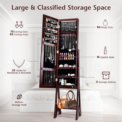 Standing Mirror Jewelry Armoire with Organizer Shelves and Brown Finish