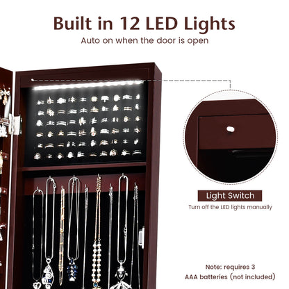 Standing Mirror Jewelry Armoire with Organizer Shelves and Brown Finish