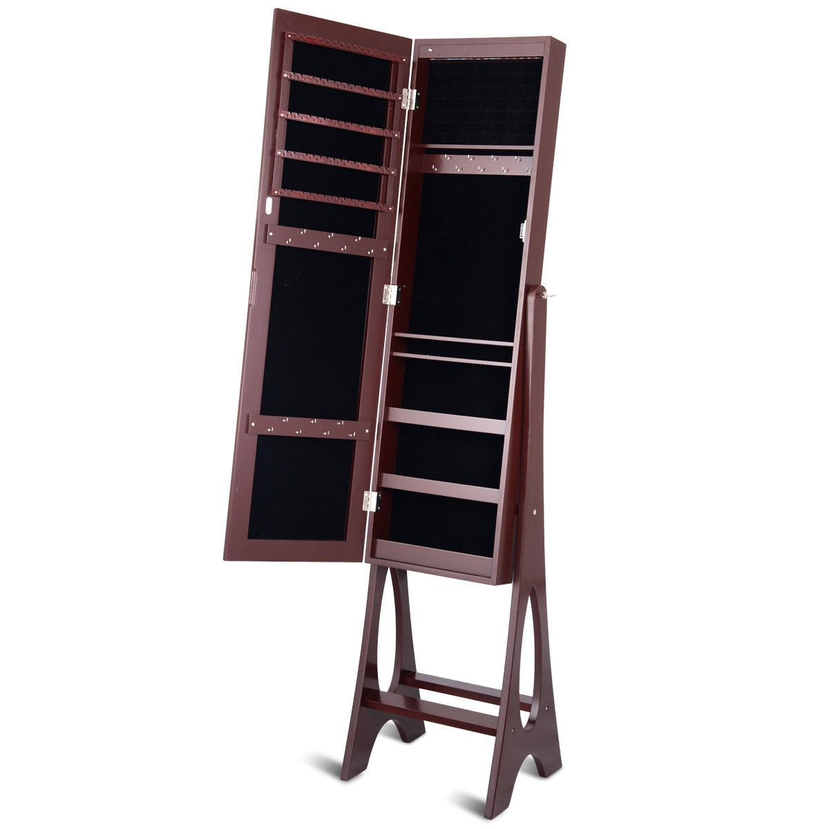 Standing Mirror Jewelry Armoire with Organizer Shelves and Brown Finish