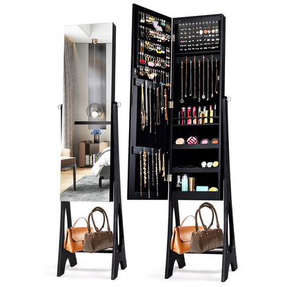 Standing Mirror Jewelry Armoire with Organizer Shelves and Black Finish