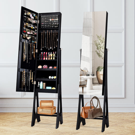 Standing Mirror Jewelry Armoire with Organizer Shelves and Black Finish