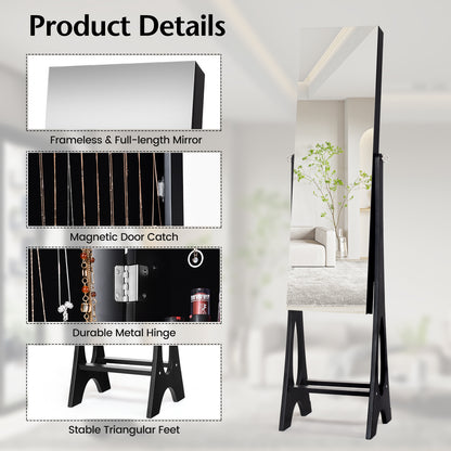 Standing Mirror Jewelry Armoire with Organizer Shelves and Black Finish