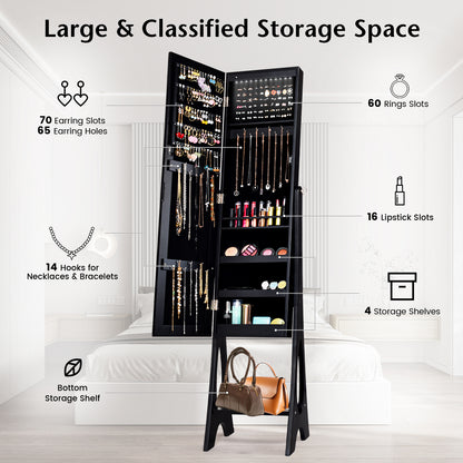 Standing Mirror Jewelry Armoire with Organizer Shelves and Black Finish