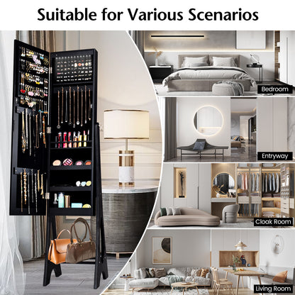Standing Mirror Jewelry Armoire with Organizer Shelves and Black Finish