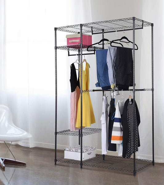 Freestanding Steel Wardrobe Closet with Adjustable Shelves and Hanging Rails