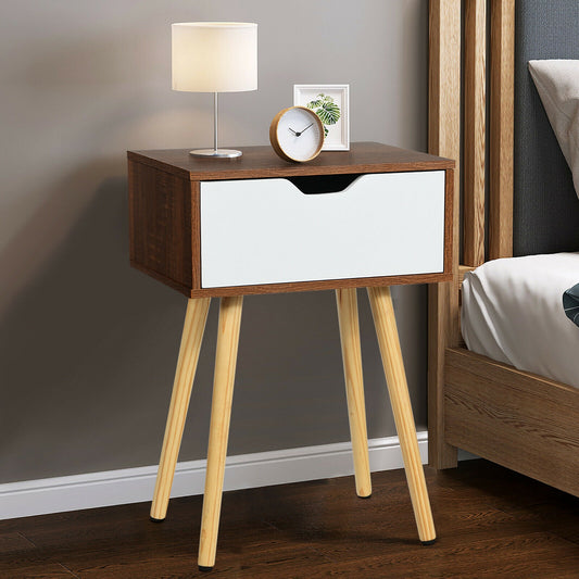 Wood Nightstand with Drawer and Solid Wooden Legs, Minimalist Side Table