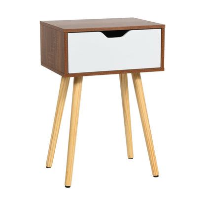 Wood Nightstand with Drawer and Solid Wooden Legs, Minimalist Side Table