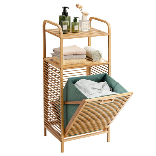 Versatile Bamboo Laundry Hamper with Tilt-Out Basket and 2 Open Shelves