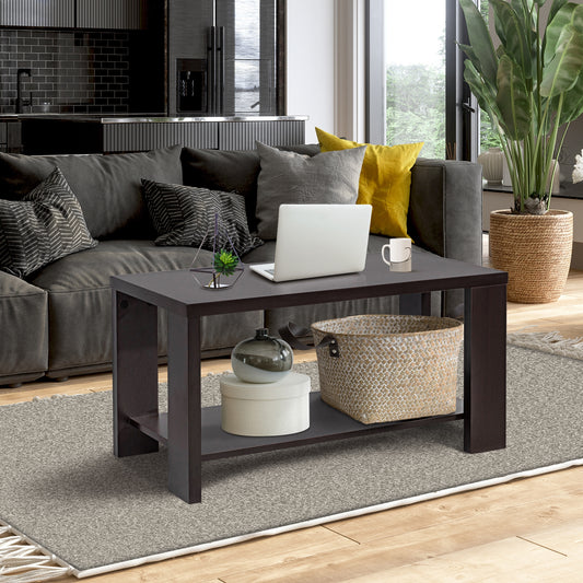 Rectangular Wood Coffee Table with Open Storage Shelf for Living Room