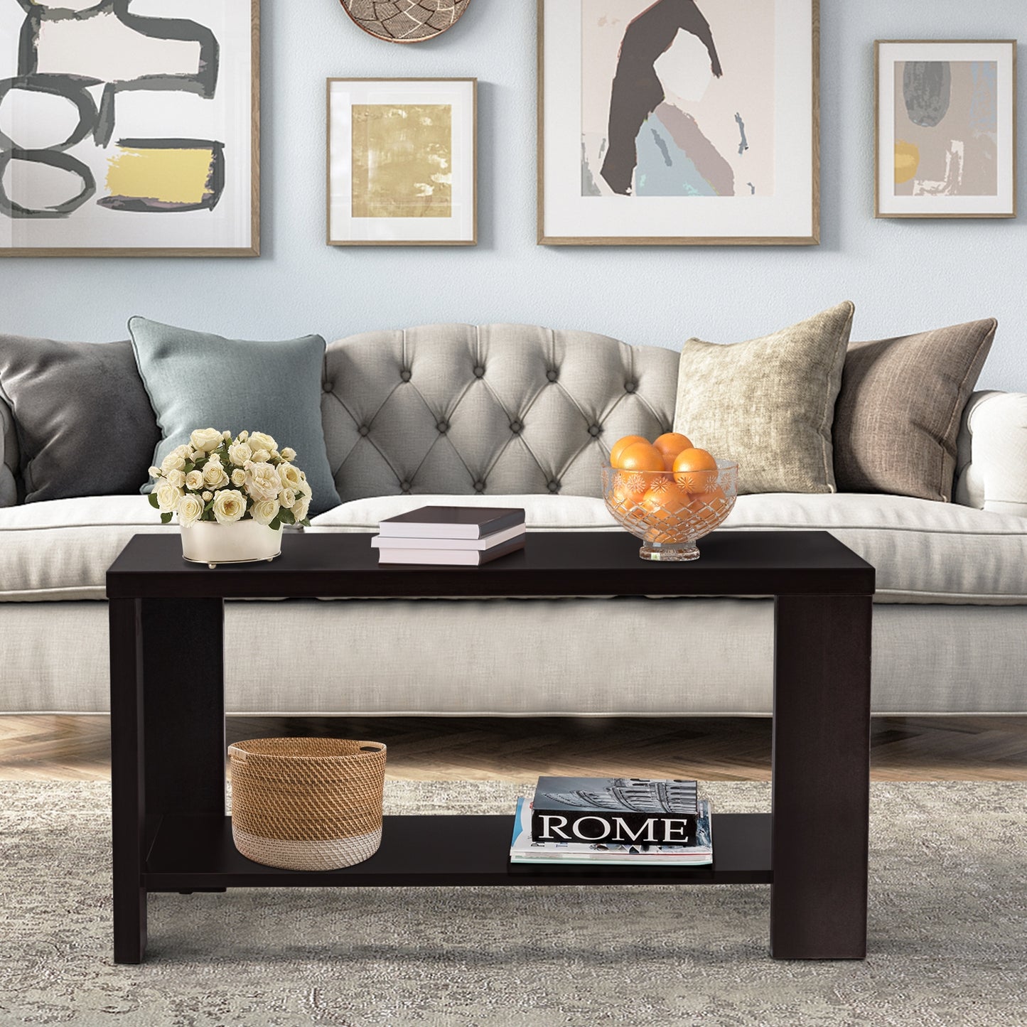 Rectangular Wood Coffee Table with Open Storage Shelf for Living Room