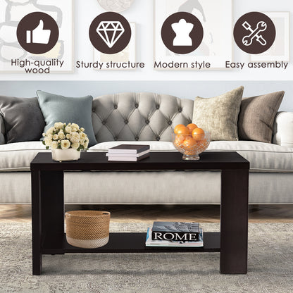 Rectangular Wood Coffee Table with Open Storage Shelf for Living Room