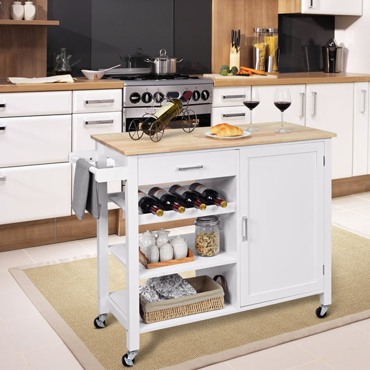 Rolling Kitchen Island Cart with Wood Top and Storage Shelves - White