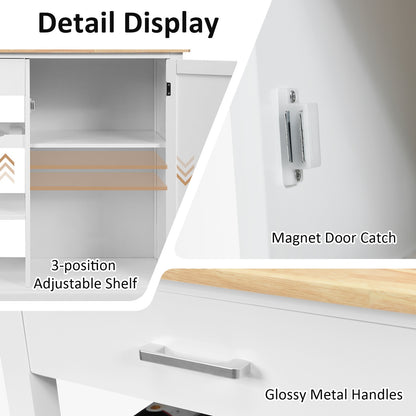 Rolling Kitchen Island Cart with Wood Top and Storage Shelves - White