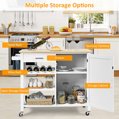 Rolling Kitchen Island Cart with Wood Top and Storage Shelves - White