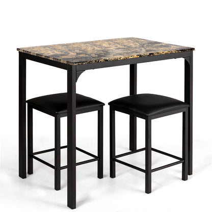 3 Piece Counter Height Dining Set with Metal Frame and Faux Marble Table - Brown