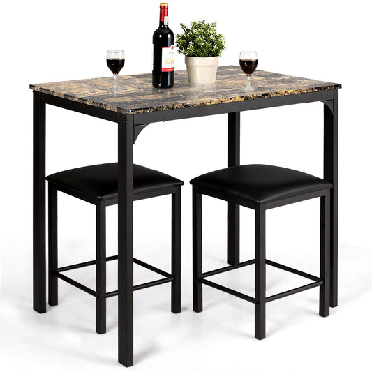 3 Piece Counter Height Dining Set with Metal Frame and Faux Marble Table - Brown