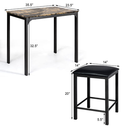 3 Piece Counter Height Dining Set with Metal Frame and Faux Marble Table - Brown