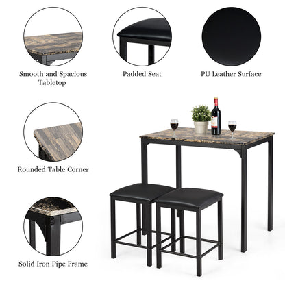 3 Piece Counter Height Dining Set with Metal Frame and Faux Marble Table - Brown
