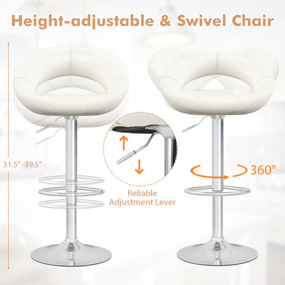 2-Piece Adjustable Swivel Bar Chairs with Stylish Hollow Back and Footrest - White