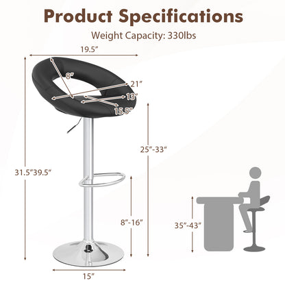 2-Piece Adjustable Swivel Bar Chairs with Stylish Hollow Back and Footrest - Black