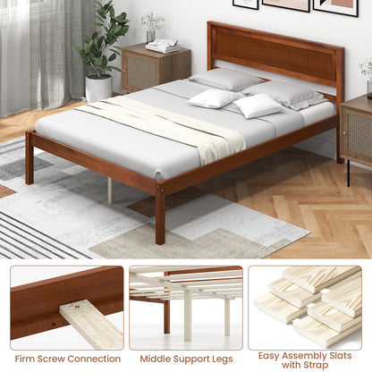 Classic Walnut Finish Wooden Bed Frame with Headboard and Slat Support – Full Size