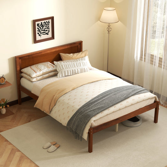 Classic Walnut Finish Wooden Bed Frame with Headboard and Slat Support – Full Size