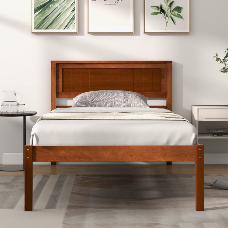 Classic Walnut Finish Wooden Bed Frame with Headboard and Slat Support – Twin Size