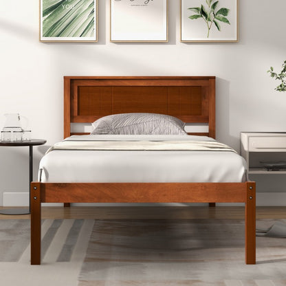 Classic Walnut Finish Wooden Bed Frame with Headboard and Slat Support – Twin Size