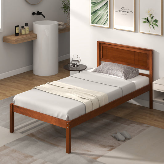 Classic Walnut Finish Wooden Bed Frame with Headboard and Slat Support – Twin Size