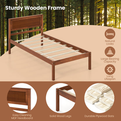 Classic Walnut Finish Wooden Bed Frame with Headboard and Slat Support – Twin Size