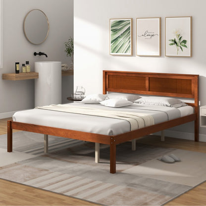 Classic Walnut Finish Wooden Bed Frame with Headboard and Slat Support – Queen Size