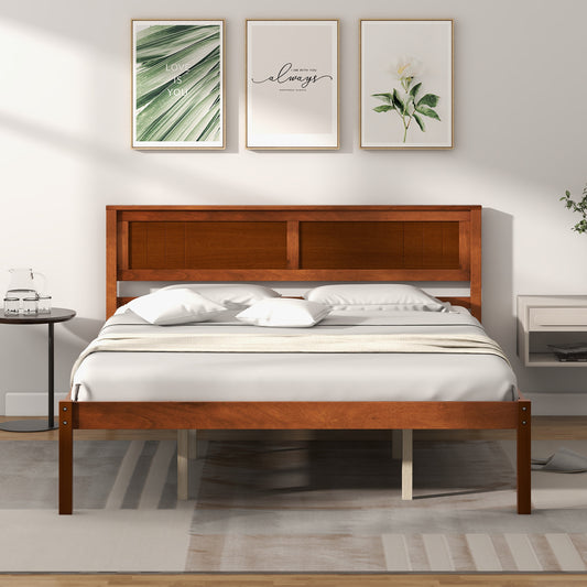 Classic Walnut Finish Wooden Bed Frame with Headboard and Slat Support – Queen Size